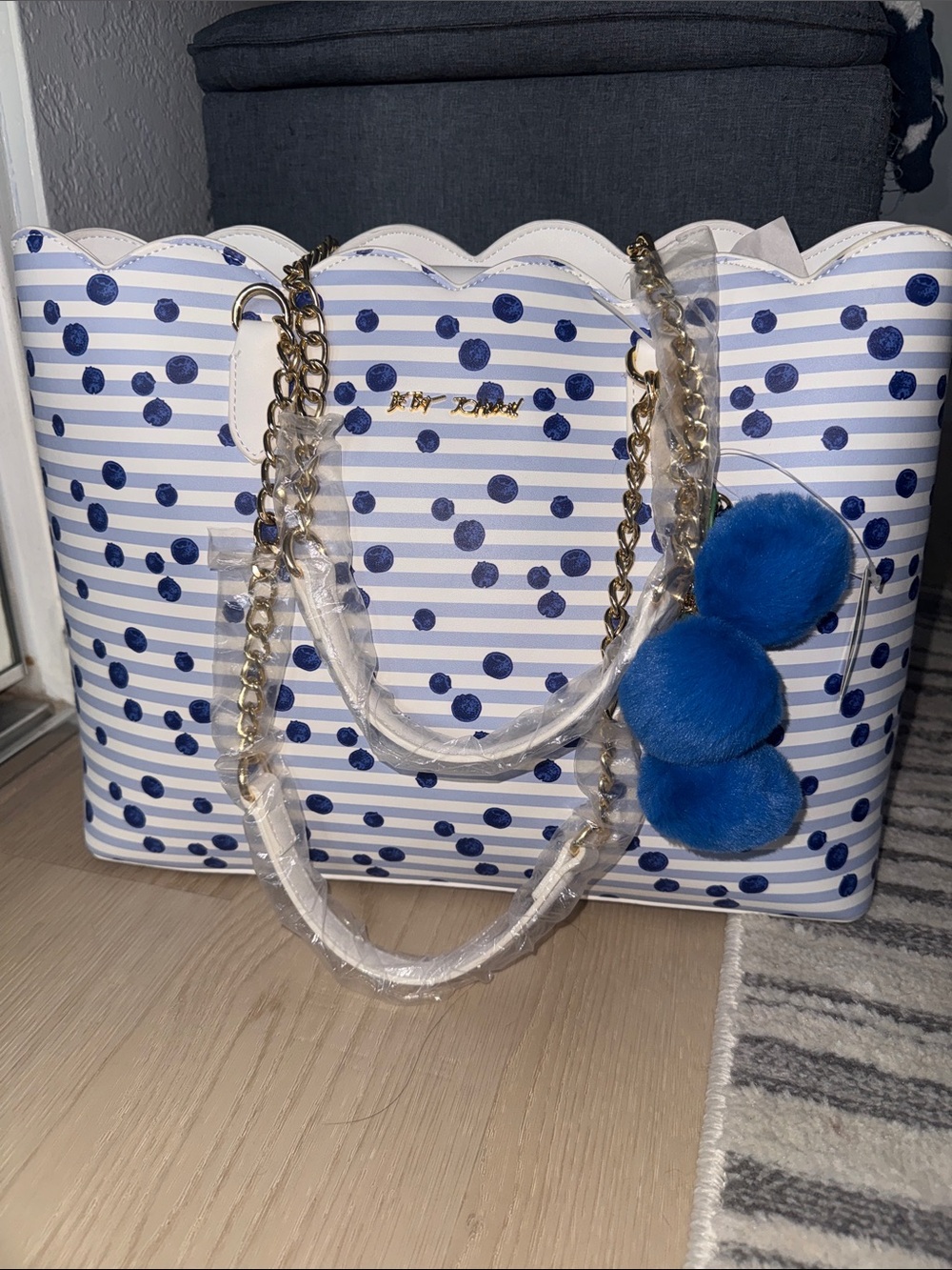 Betsey Johnson White & Blue Striped Polka Dot Tote with Blue Pom Pom